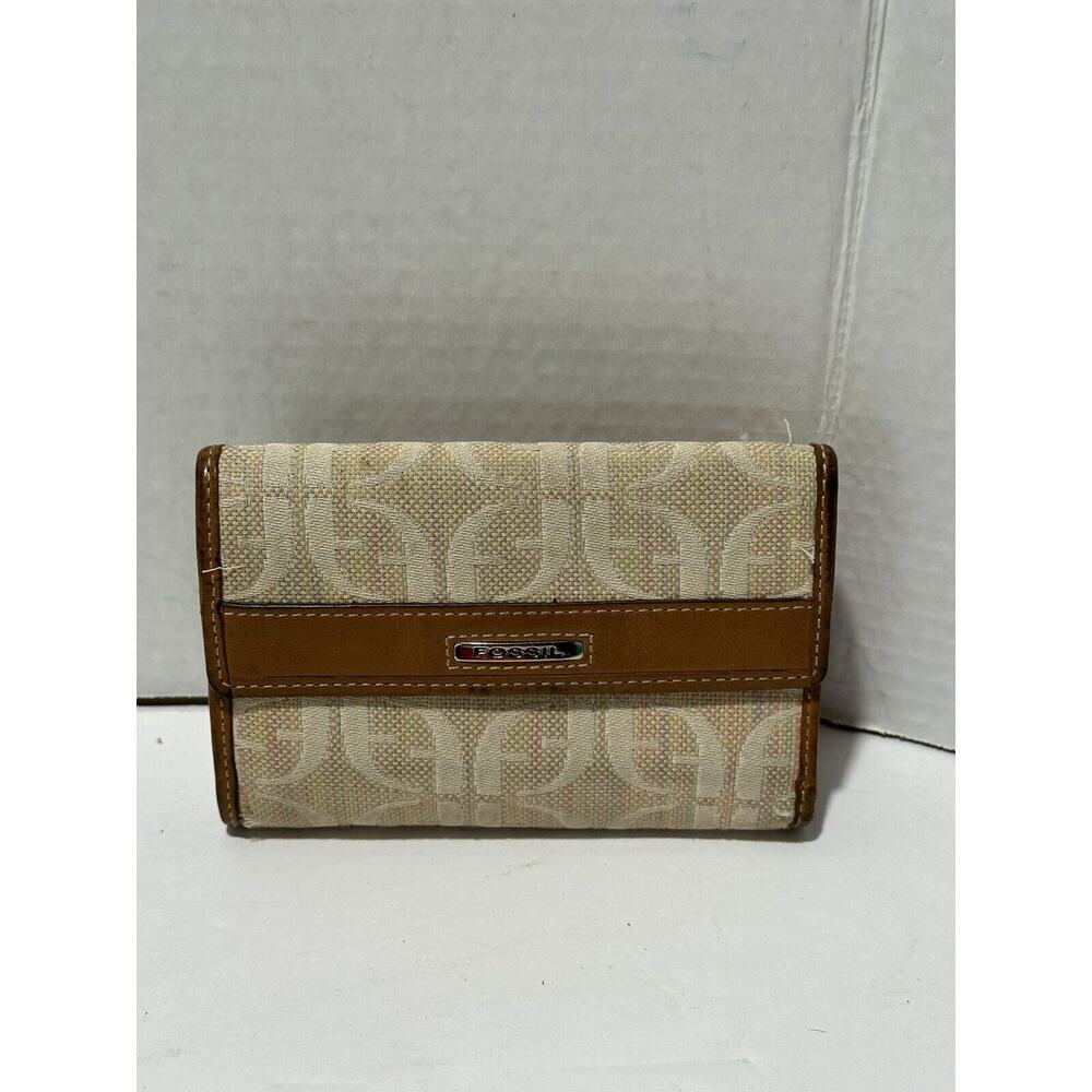 Fossil Wallet Logo Spell Out Beige Cream Tan Brown Women Cards Coins‎ Vintage